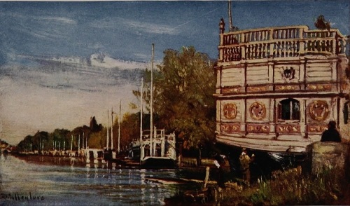 THE RIVER ISIS

On the right is the gold and white barge of Magdalen College undergoing repair. The masts and barges of other colleges line the side of the
river, and Folly Bridge closes the prospect.