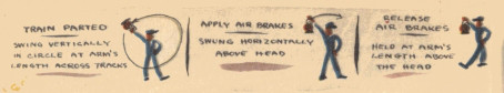 Image unavailable: TRAIN PARTED

SWING VERTICALLY IN CIRCLE AT ARM’S LENGTH ACROSS TRACKS

APPLY AIR BRAKES

SWUNG HORIZONTALLY ABOVE HEAD

RELEASE AIR BRAKES

HELD AT ARM’S LENGTH ABOVE THE HEAD