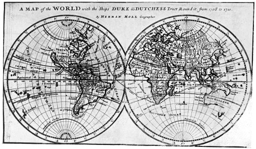 Image unavailable: THE TRACK OF THE DUKE AND DUTCHESS ROUND THE WORLD

Reproduction of the frontispiece to the first edition of Woodes
Rogers’s book.