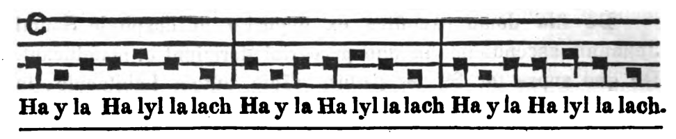 Musical notation accompanying the text 'Ha y la Ha lyl la lach Ha
y la Ha lyl la lach Ha y la Ha lyl la lach.'