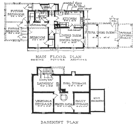 MAIN FLOOR PLAN SHOWING FUTURE ADDITIONS AND BASEMENT PLAN