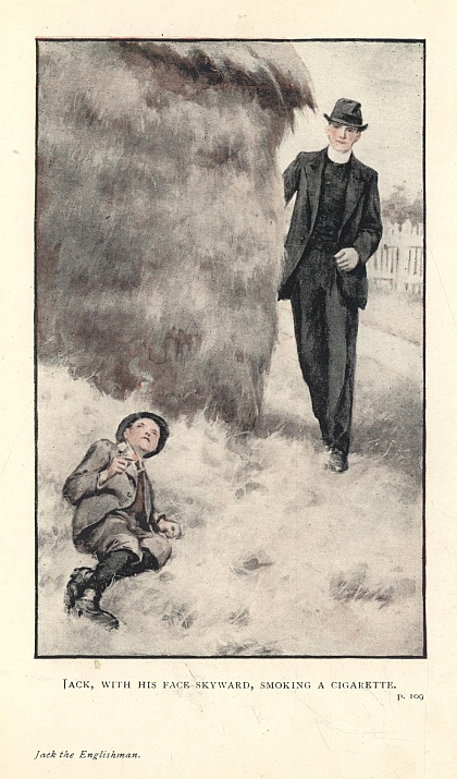 Jack, with his face skyward, smoking a cigarette. p. 109