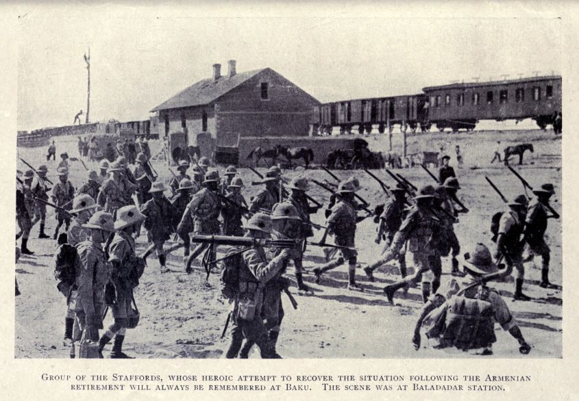 GROUP OF THE STAFFORDS, WHOSE HEROIC ATTEMPT TO RECOVER THE SITUATION FOLLOWING THE ARMENIAN RETIREMENT WILL ALWAYS BE REMEMBERED AT BAKU. THE SCENE WAS AT BALADADAR STATION.