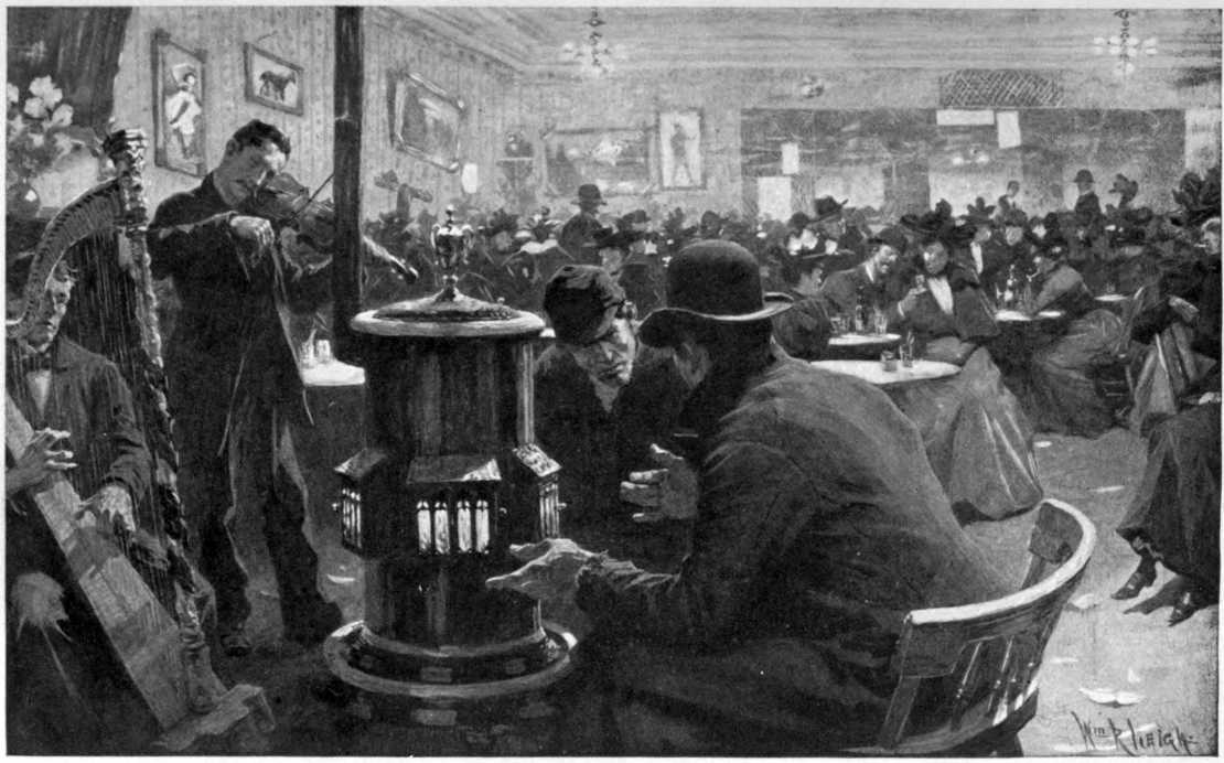 A room full of men and women sitting a tables.
In the foreground there are two musicians and
two men huddled around a heater.