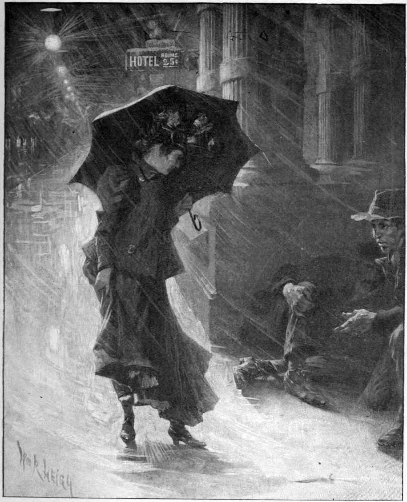 It is raining.
  A woman with an umbrella over her head stands in front of men
sitting on the sidewalk.