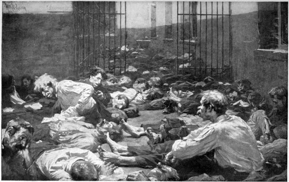 Men, without jackets or shoes, sprawled all over the floor with
little open space. The bars of a jail can be seen.