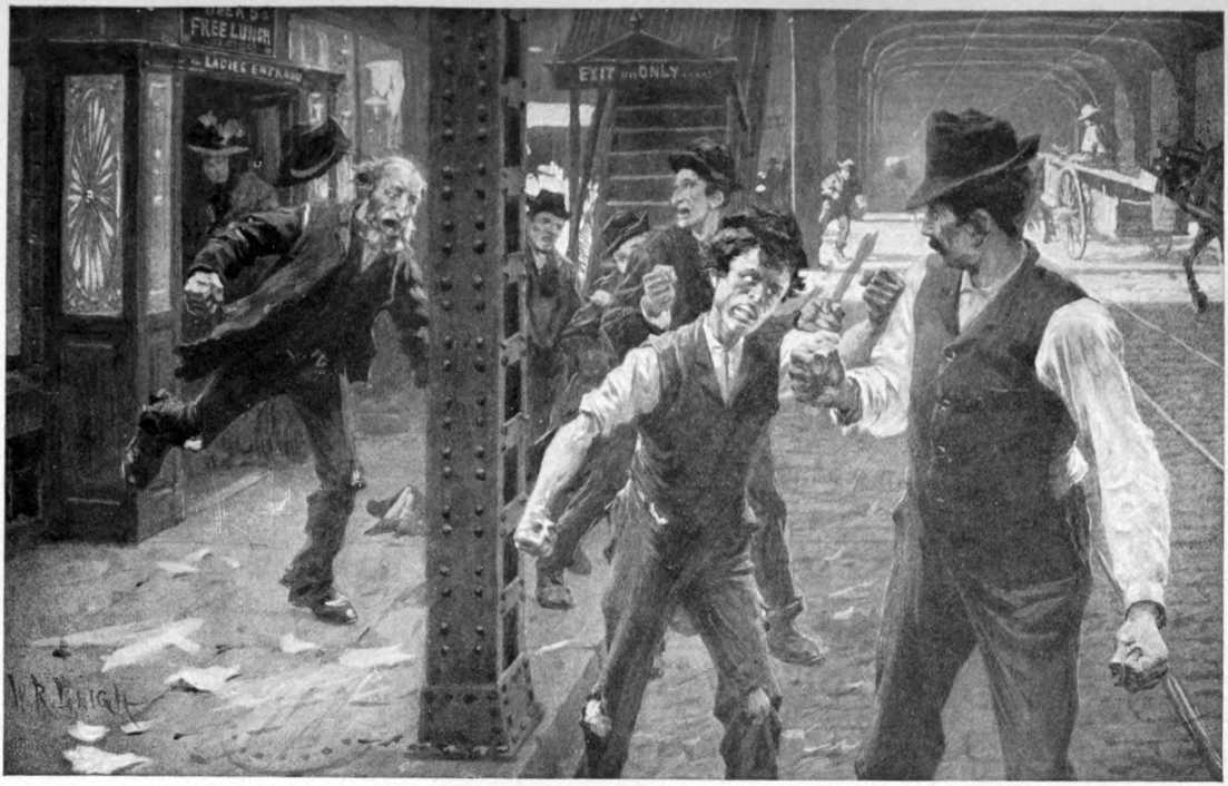 A small number of men are gathered under an elevated subway.
Some of the men have their fists balled up ready to fight.