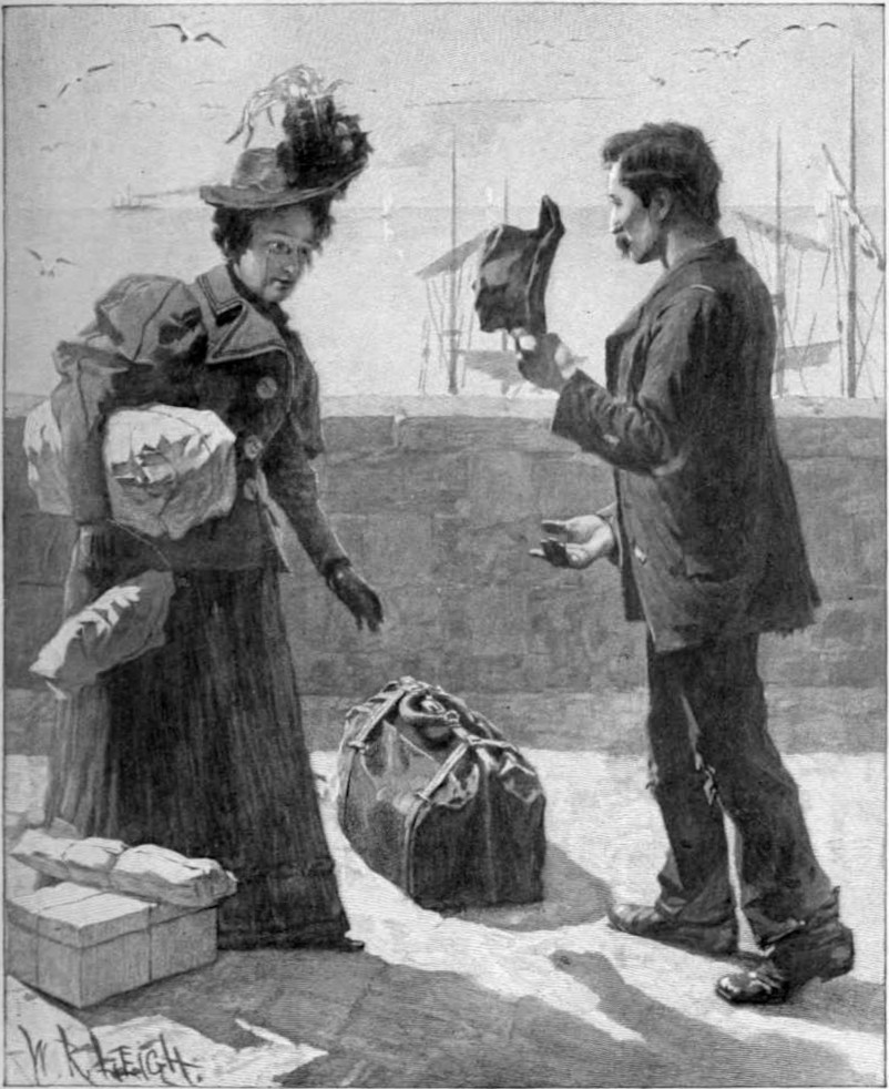 A poorly dressed man is tipping his hat to a well dressed woman
with many packages. A sailing ship is visible in the background.