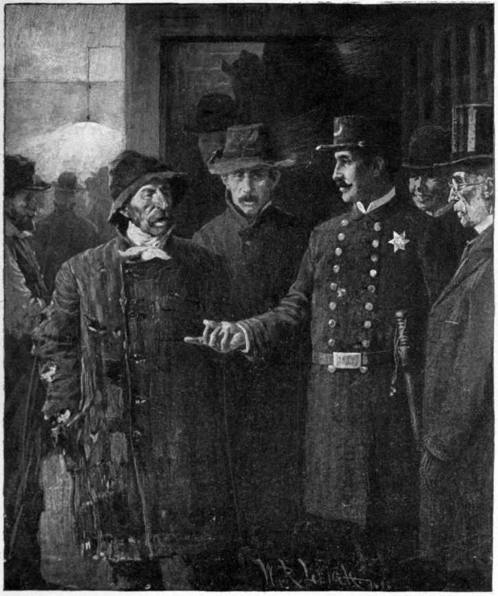 Two well dressed men and two poorly dressed men are looking
at a policeman who appears to be explaining something.