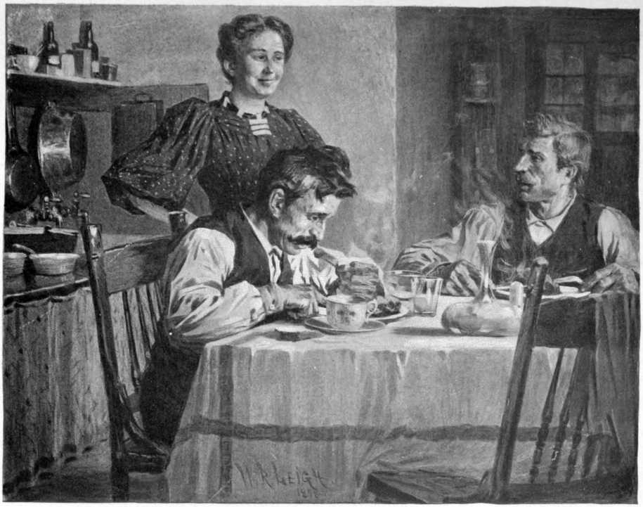 Two men are sitting and eating at a dining room table.
A smiling woman watches over them.