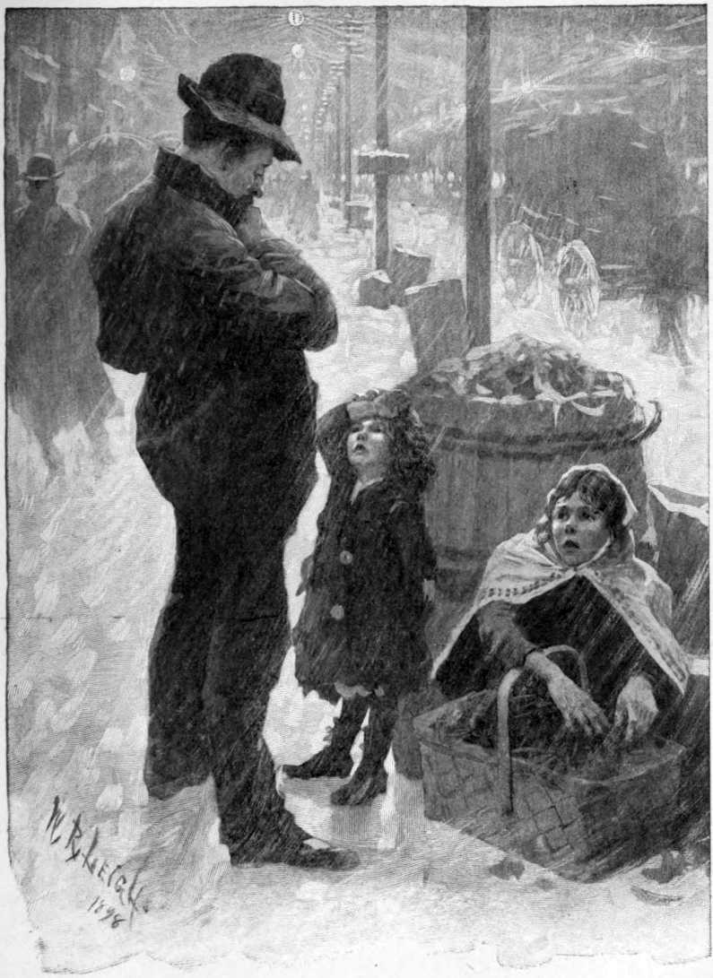 A street scene where it is raining.
An adult man is looking down at two children with a basket.