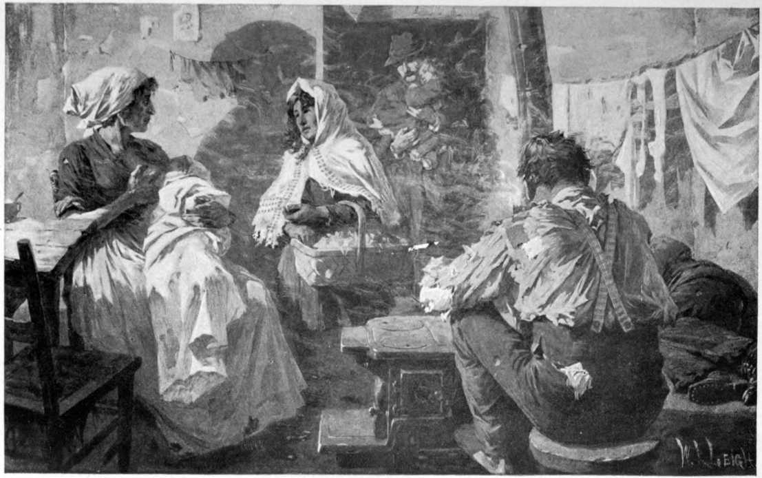 Several poorly dressed people in a a room. One woman is nursing a
child. One man is carrying a child in the doorway.