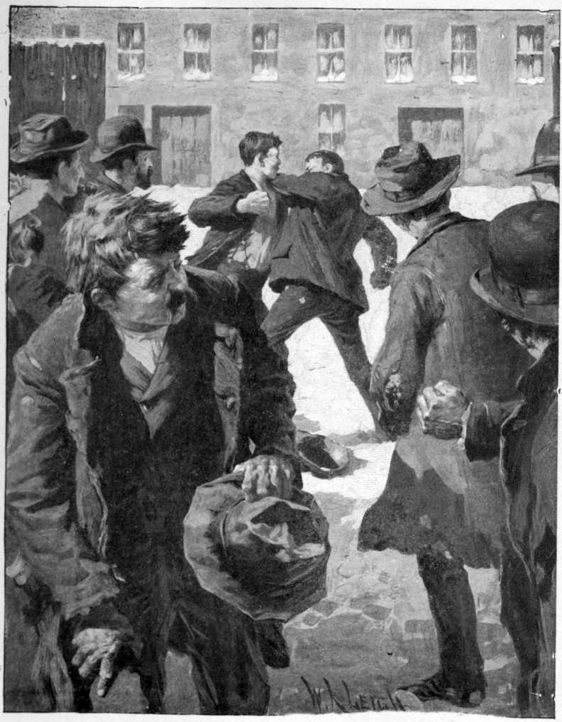 Two men are fighting out of doors while several other men watch on.
They are all shabbily dressed.
