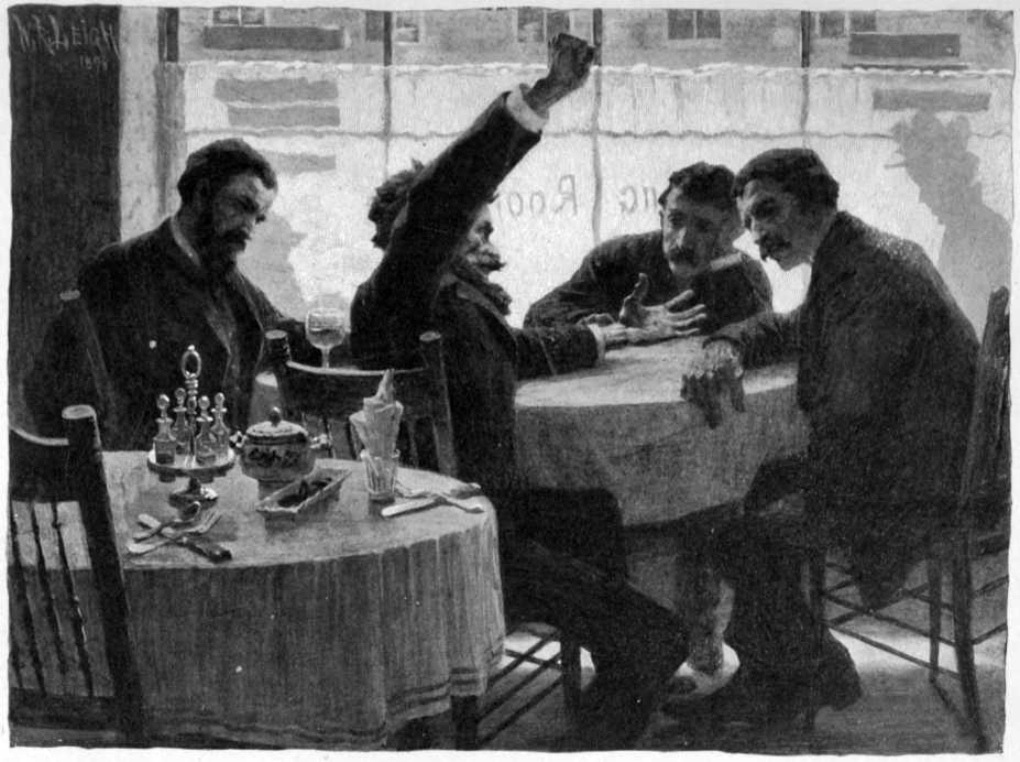 Four men gathered around a table.
One man is expounding to the others.