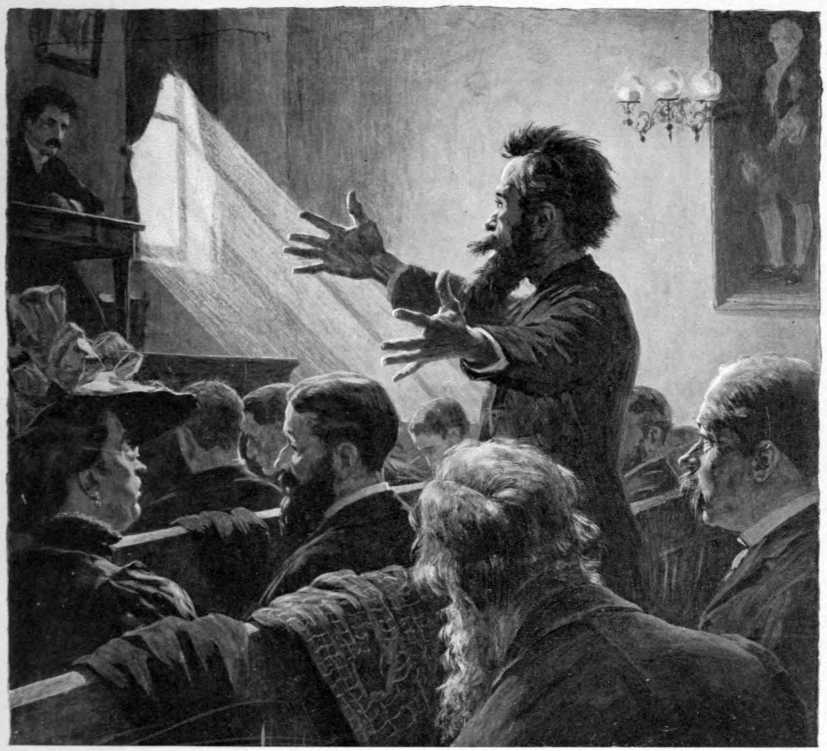 Several people are seated in pews.
One man is standing exclaiming passionately.
A dais with a seated man is visible in the background.