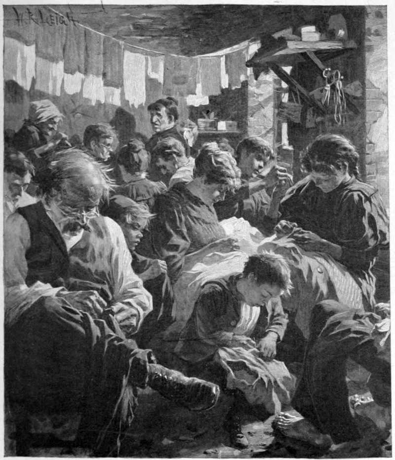 About ten men, women, and children are crowded together in a room.
Most appear to be sewing.