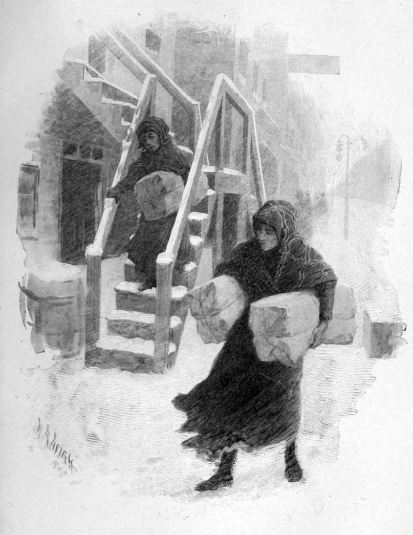A cold winter scene.
Two women carry large bundles under their arms with
one coming down a set of stairs.
