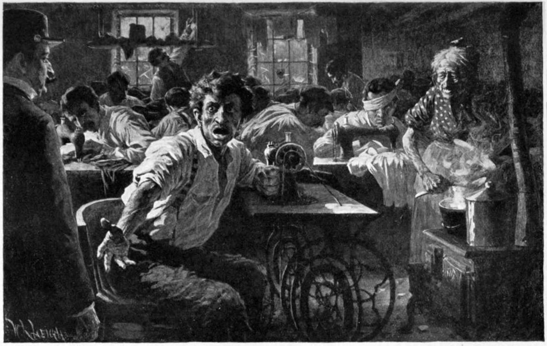 Many people in a room working at sewing machines.
One man in the foreground is talking and appears angry.