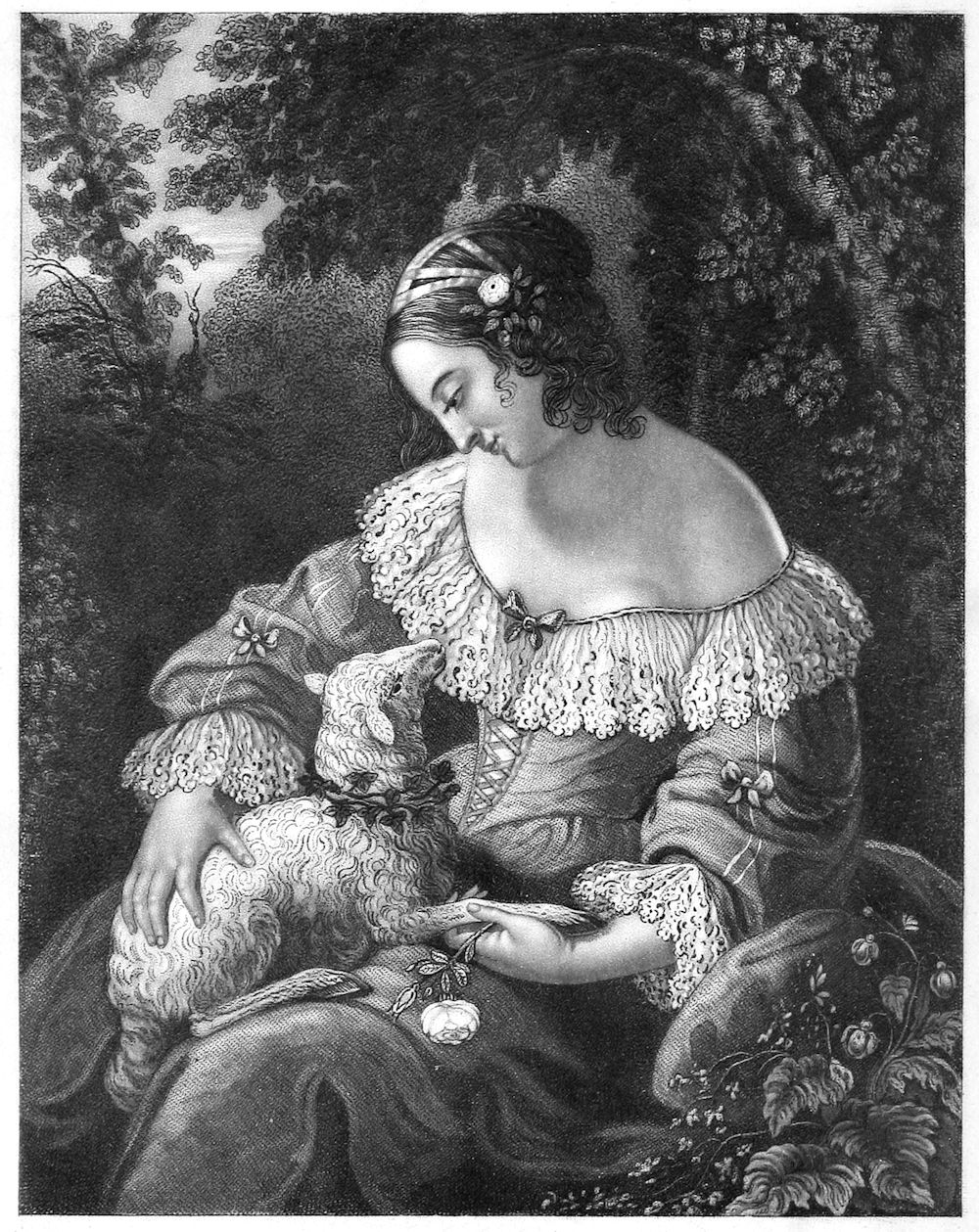 A young lady sits under a tree and holds a lamb