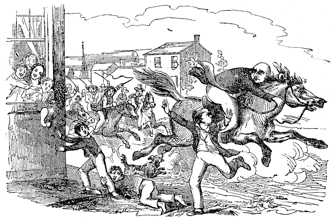A man clings to a horse's back while galloping wildly down a crowded street