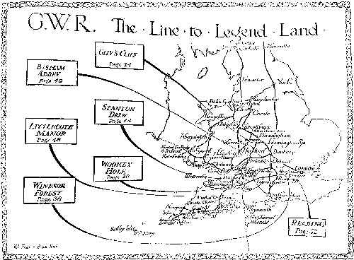 Map of central England and Wales showing the routes of the Great Western Railway and highlighting some of the locations in this book: Bisham Abbey (page 40), Littlecote Manor (page 48), Windsor Forest (page 36), Guy’s Cliff (page 24), Stanton Drew (page 44), Wookey Hole (page 20), Reading (page 52).