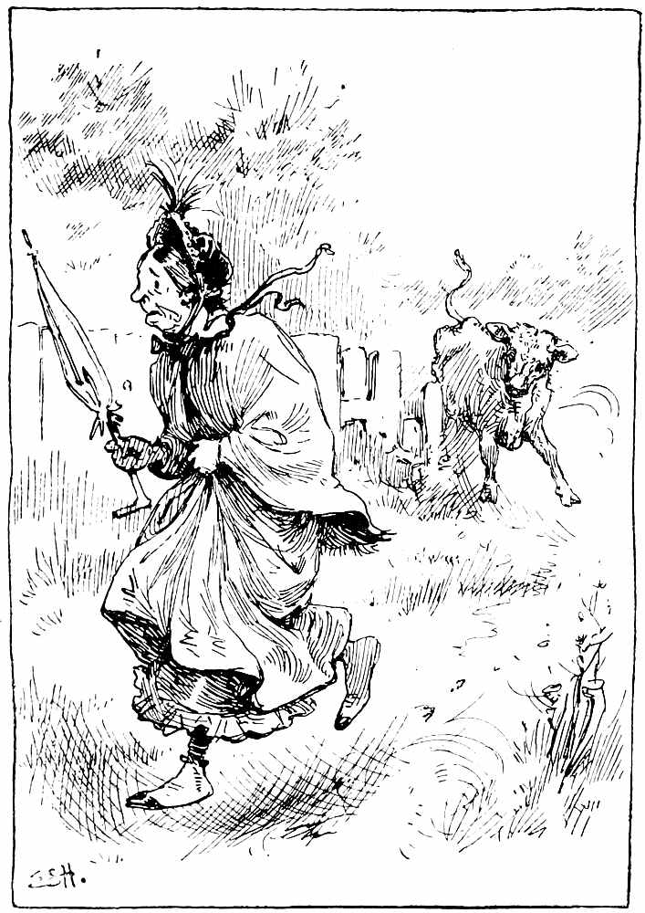 Cow following old woman