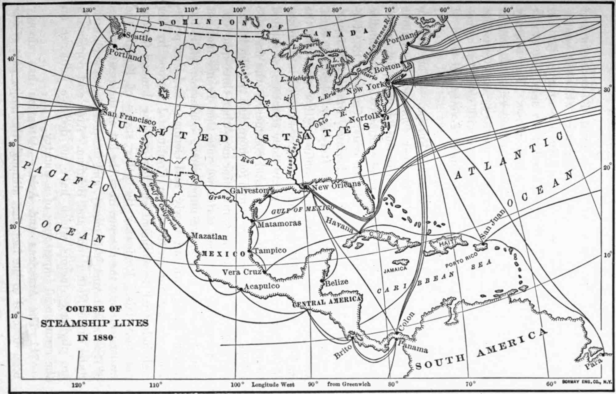 course of steamship lines in 1880