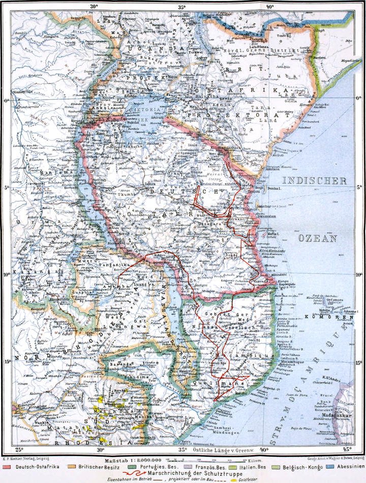 Karte von Deutsch-Ostafrika und
  den umgebenden Gebieten