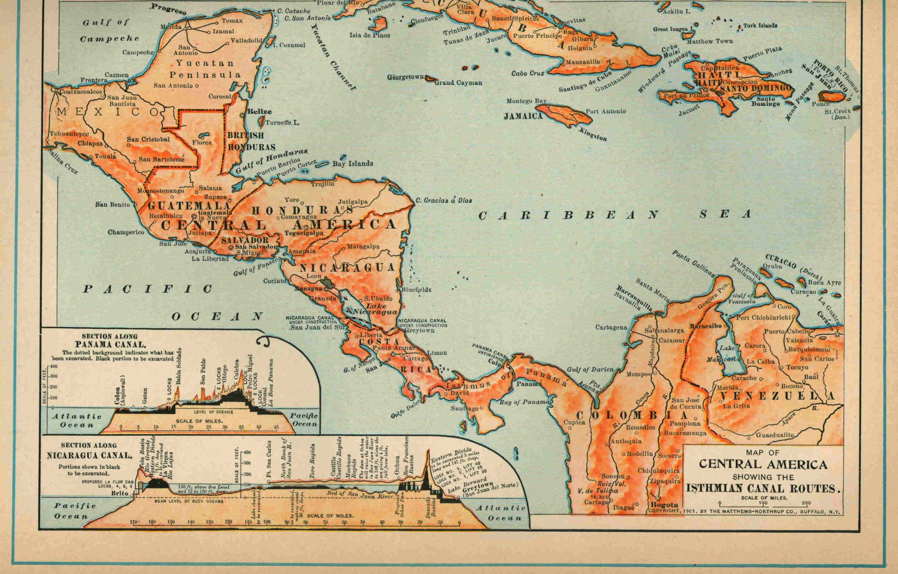 Map of Central America showing the Isthmian Canal Routes