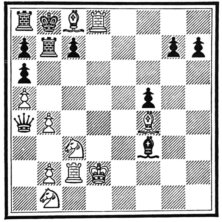 A chess-board diagram.
Black is down a bishop, both knights, and two pawns. White is down
five pawns and the queen. Neither player is in check; however, the
Black king cannot move, being surrounded by its own pieces as well as
a White bishop.