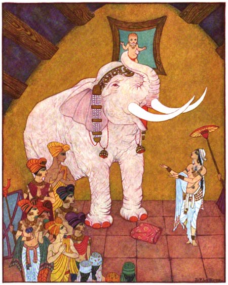 Then the elephant with his trunk caressed the
Future Buddha and lifted him up.