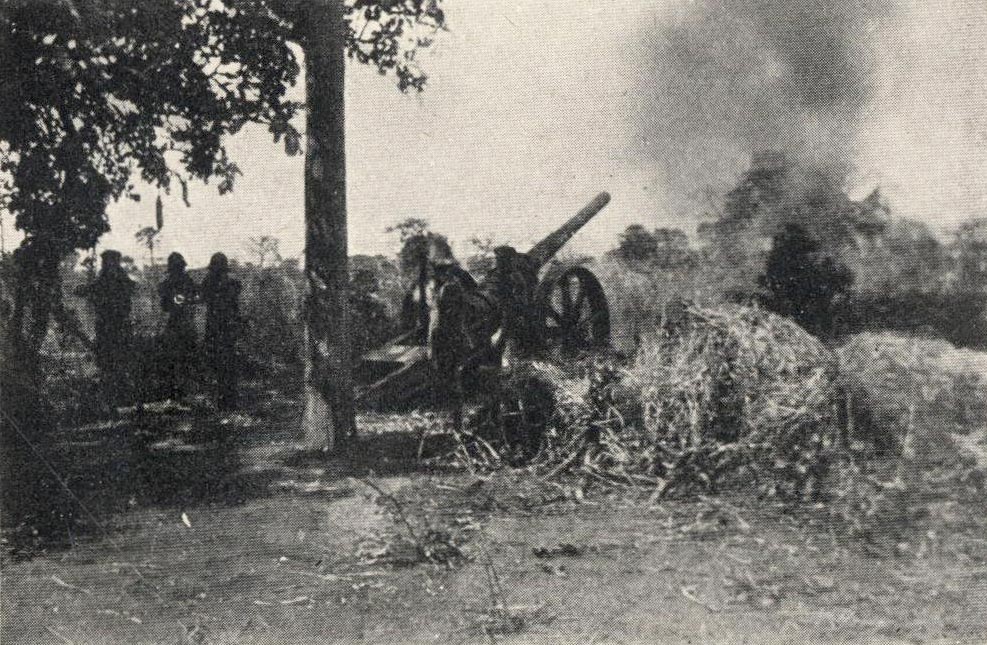 Geschütz mit Mündungsrauchwolke