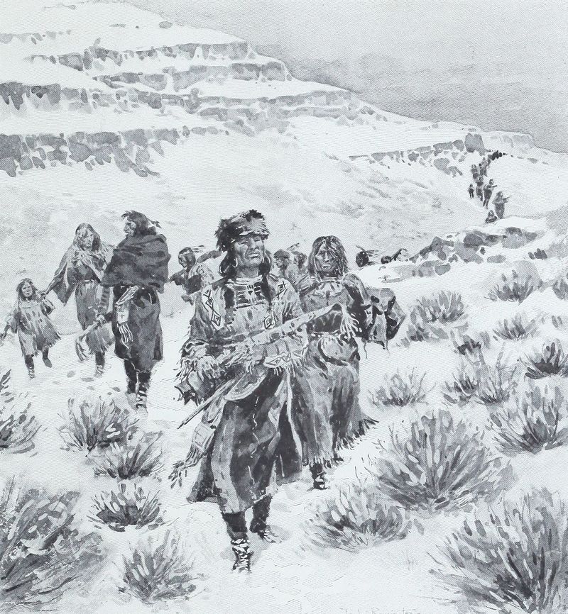 Tribe moving through snowy hills