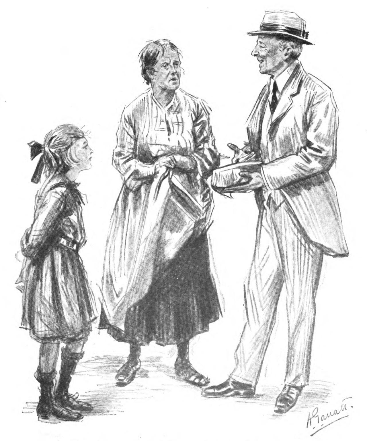 A smiling gentleman, smartly
      dressed in a white summer suit with a hat and holding a
      loaf-sized package wrapped in paper, talks to a taciturn
      housewife as she wipes her hands on her apron. A young girl
      stands nearby and watches them both.
