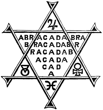 Star of David with the word “abracadabra” and alchemist symbols.