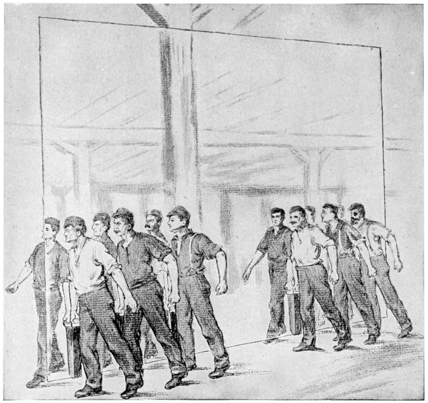 Twelve men carrying a large sheet of plate glass