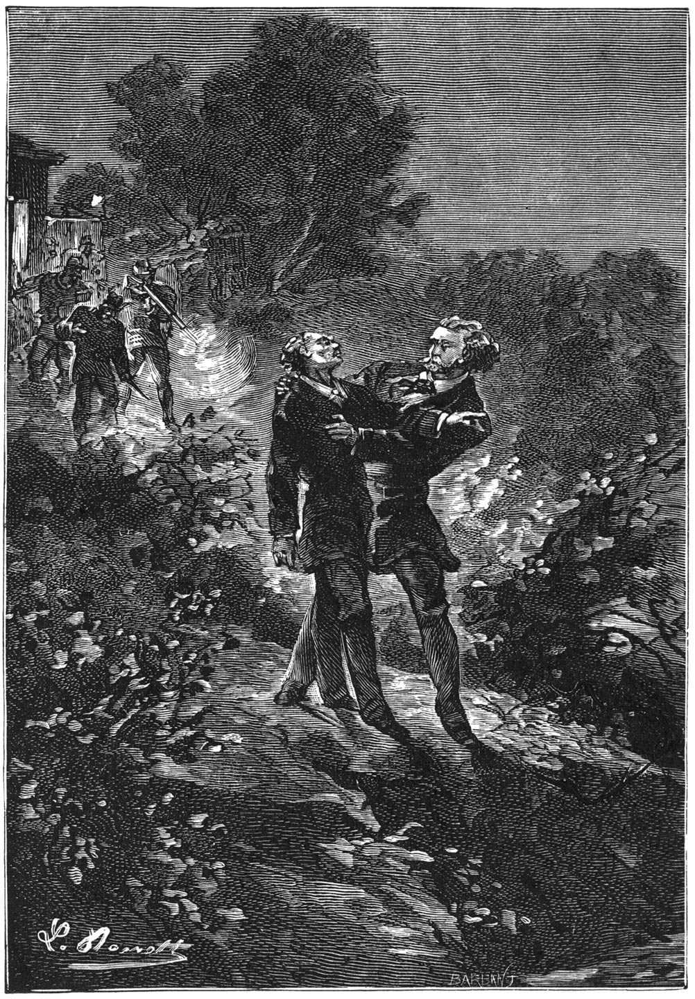 „Neen, Stephanus, neen! Wij zullen te zamen sterven”, antwoordde graaf Sandorf. (Bladz. 150.)