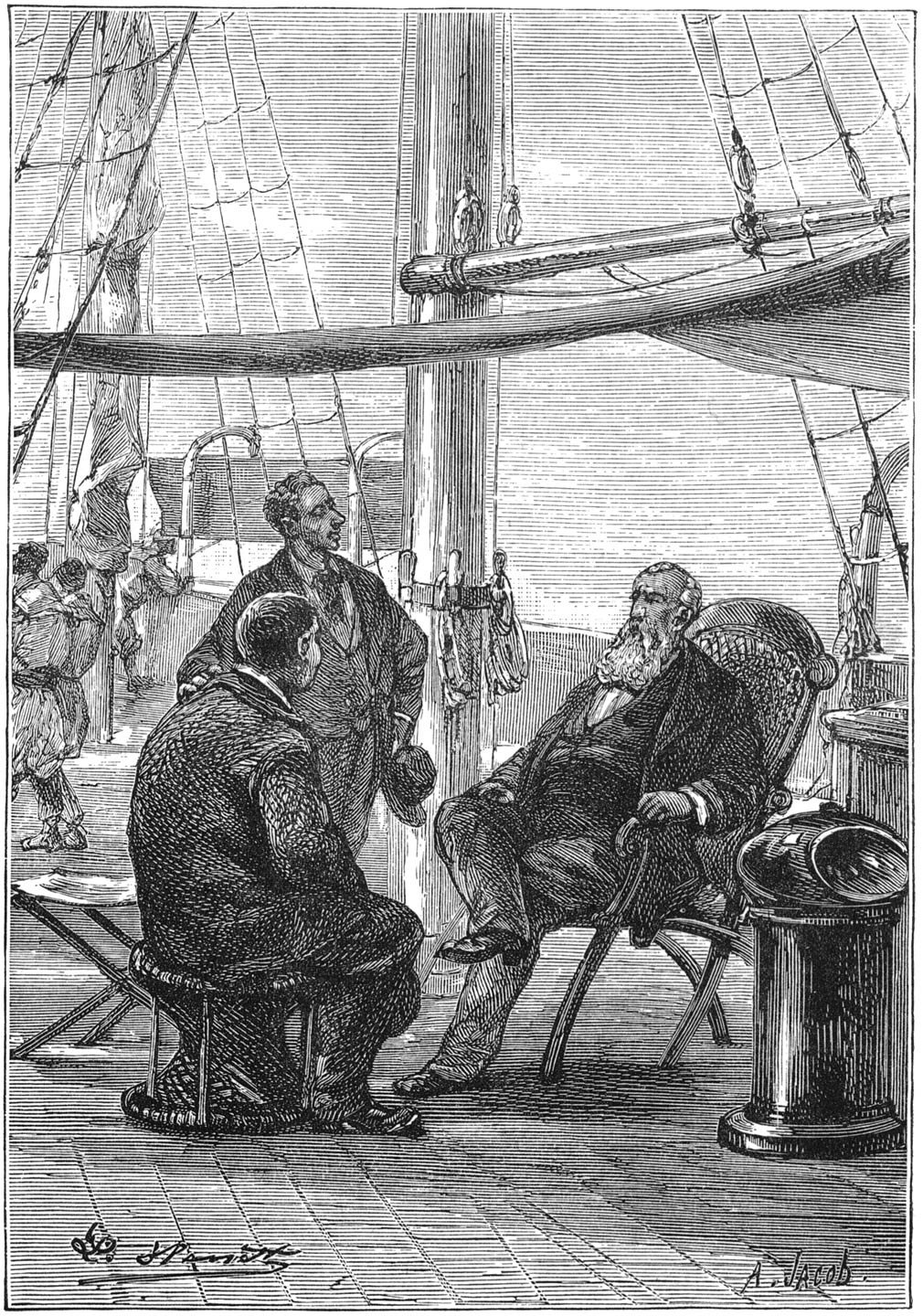 „Vrienden”, zei hij, „gij hebt gisteren mij en mijne bemanning voor een groot gevaar beveiligd.” (Bladz. 195.)