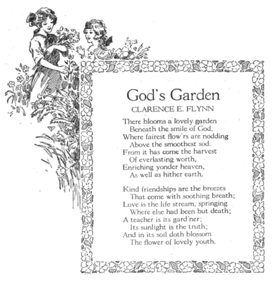 [Poem is framed by illustrated flowers. Outside the frame&mdash;from middle-left to middle-top&mdash;is an illustration of two young, smiling girls standing in the midst of flowers. The older girl is cradling several picked flowers in one arm while her other arm is extended and selecting another.]