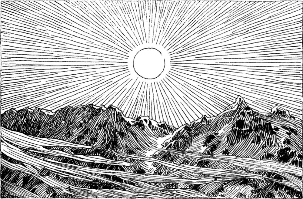 Die Sonne strahlt hell über den
  Bergen