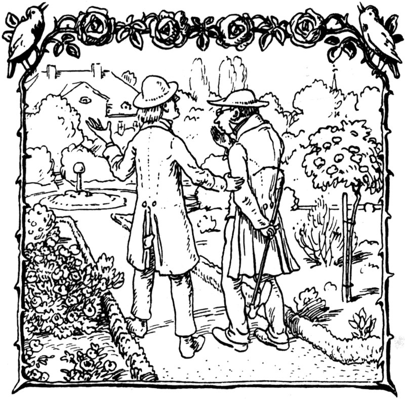 Ein Gelehrter diskutiert
  im Garten mit seinem Nachbarn über den Frühling