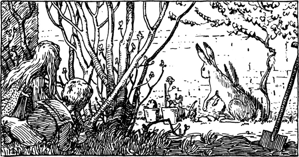 Der Osterhase wird von
  zwei Kindern heimlich beobachtet.