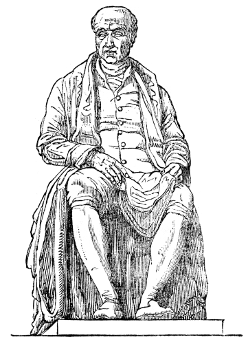A statue of a man, seated, in short trousers and a long coat or robe