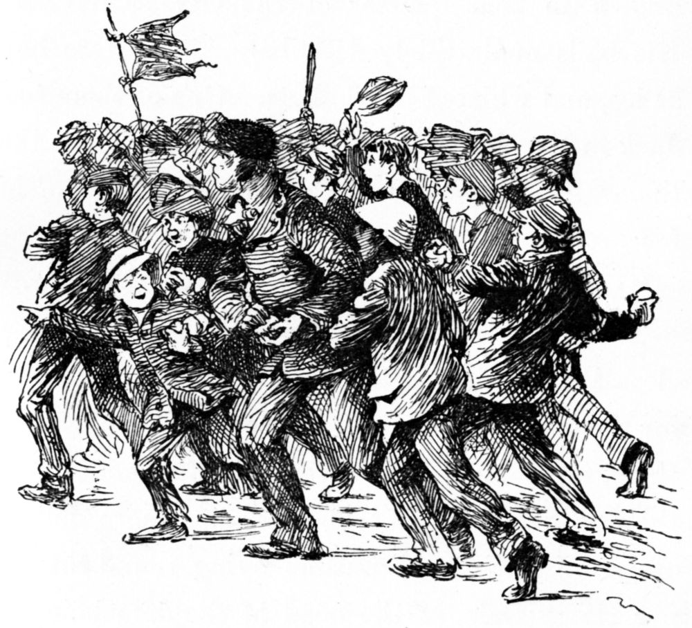 The invaders dashed onward, preparing snow-balls and waving sticks.