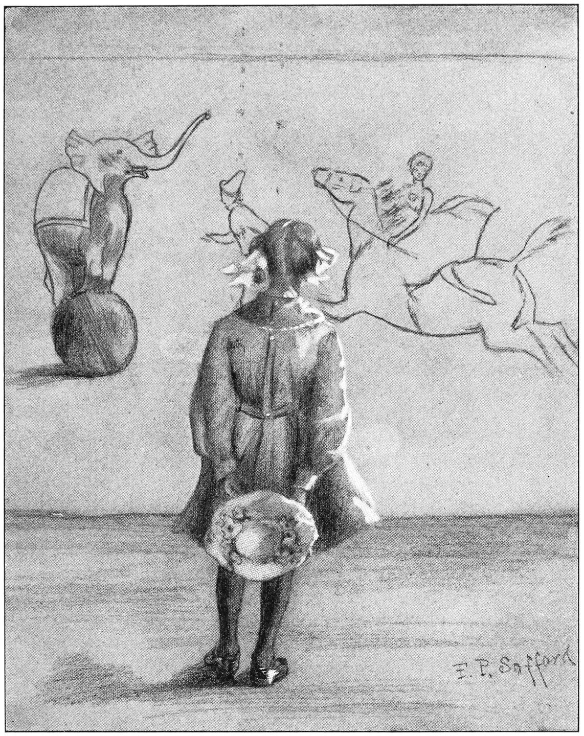 “The little girl stopped an instant to look at a big picture of wild beasts.”