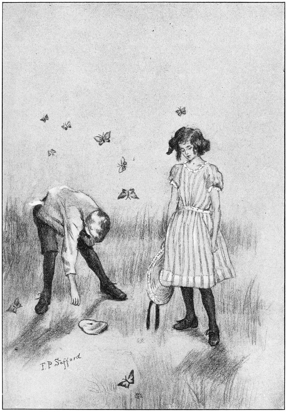 “They walked gayly along, gathering flowers, and catching white and blue butterflies.”