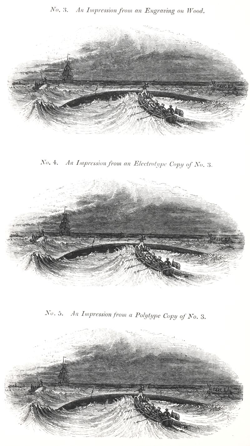 Three prints of a boat at sea