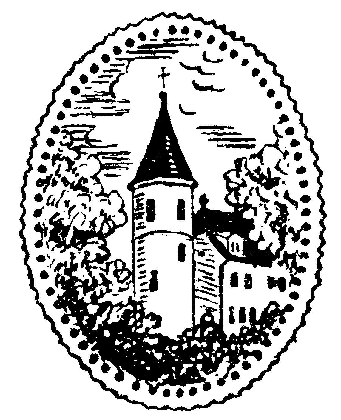 Siegelähnliche ovale Abbildung einer Kirche
                                            mit rundem Turm