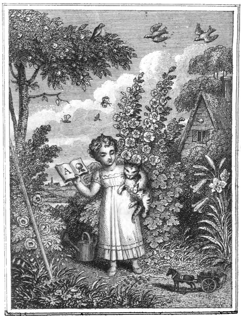 The drawing shows a girl in a long dress holding a cat in an outdoor scene. There are birds and insects flying. There are lots of flowers and flowering trees around the girl. There is a house in the background. In the right foreground is a small horse and cart. The girl is holding a book in her hand. The book is open to the letter A on one page and an apple on the other page.