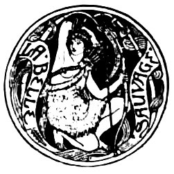 Circular decorative emblem showing a woman in fur clothing holding a staff, surrounded by stylized foliage and the text ‘La Belle Sauvage.’